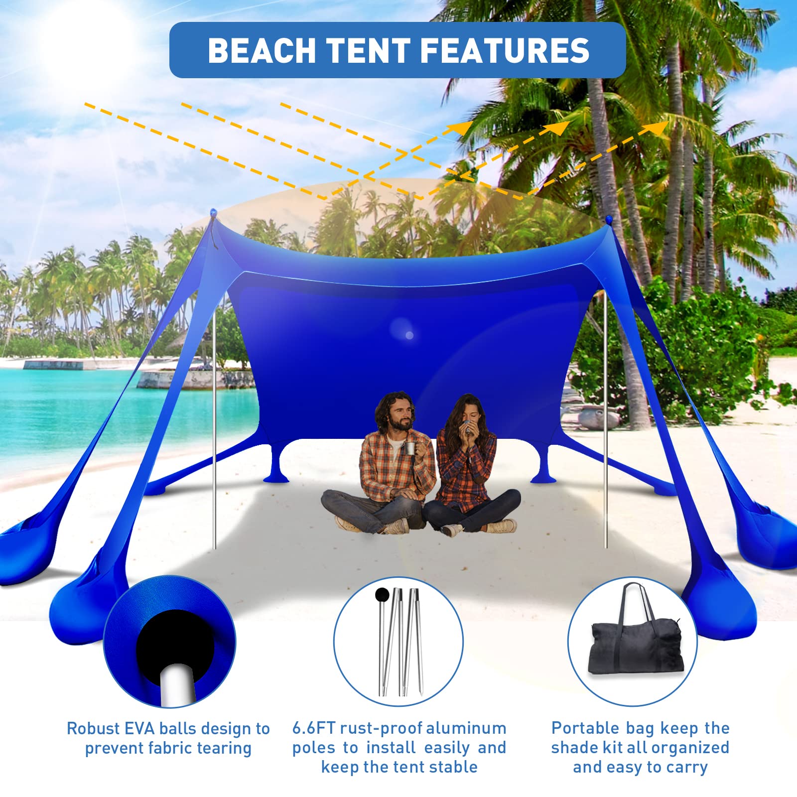 Wabolay Beach Tent Canopy Pop Up Shade 10x10ft Sun Shelter Portable Family UPF50+ with 8 Sandbags-2 Sand Shovel-4 Aluminum Poles-Ground Pegs-Carrying Bag for Outdoor Camping Fishing Backyard Picnic