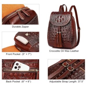 COOLCY Women Small Genuine Leather Backpack Purse Crocodile Designer Bag (Dark Brown)