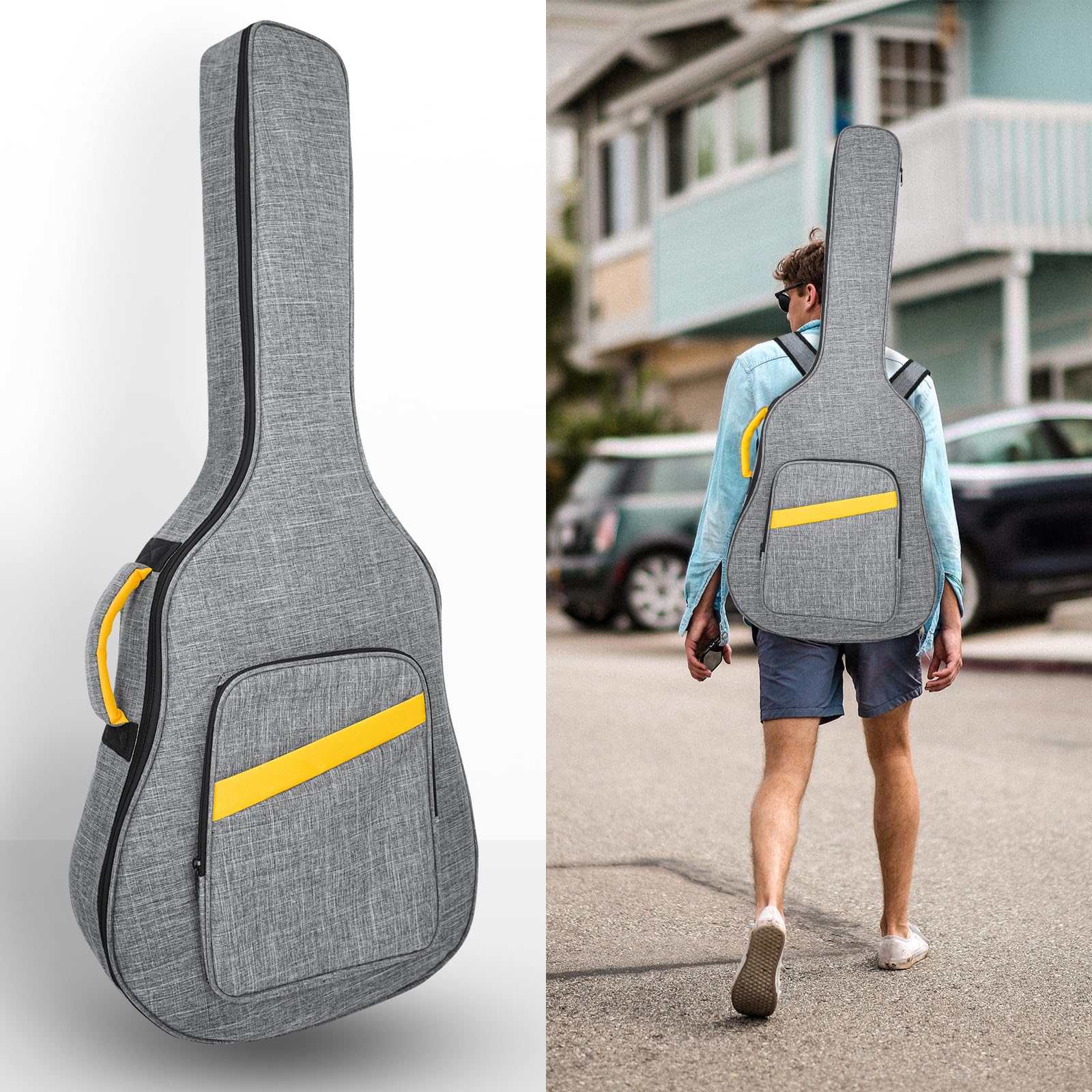 LETSROCK 40 41 Inch Acoustic Guitar Case, Guitar Case with 0.5 Inch Thick Padding&Neck Strap Fit Acoustic Classical Guitars Waterproof Guitar Gig Bag Gray