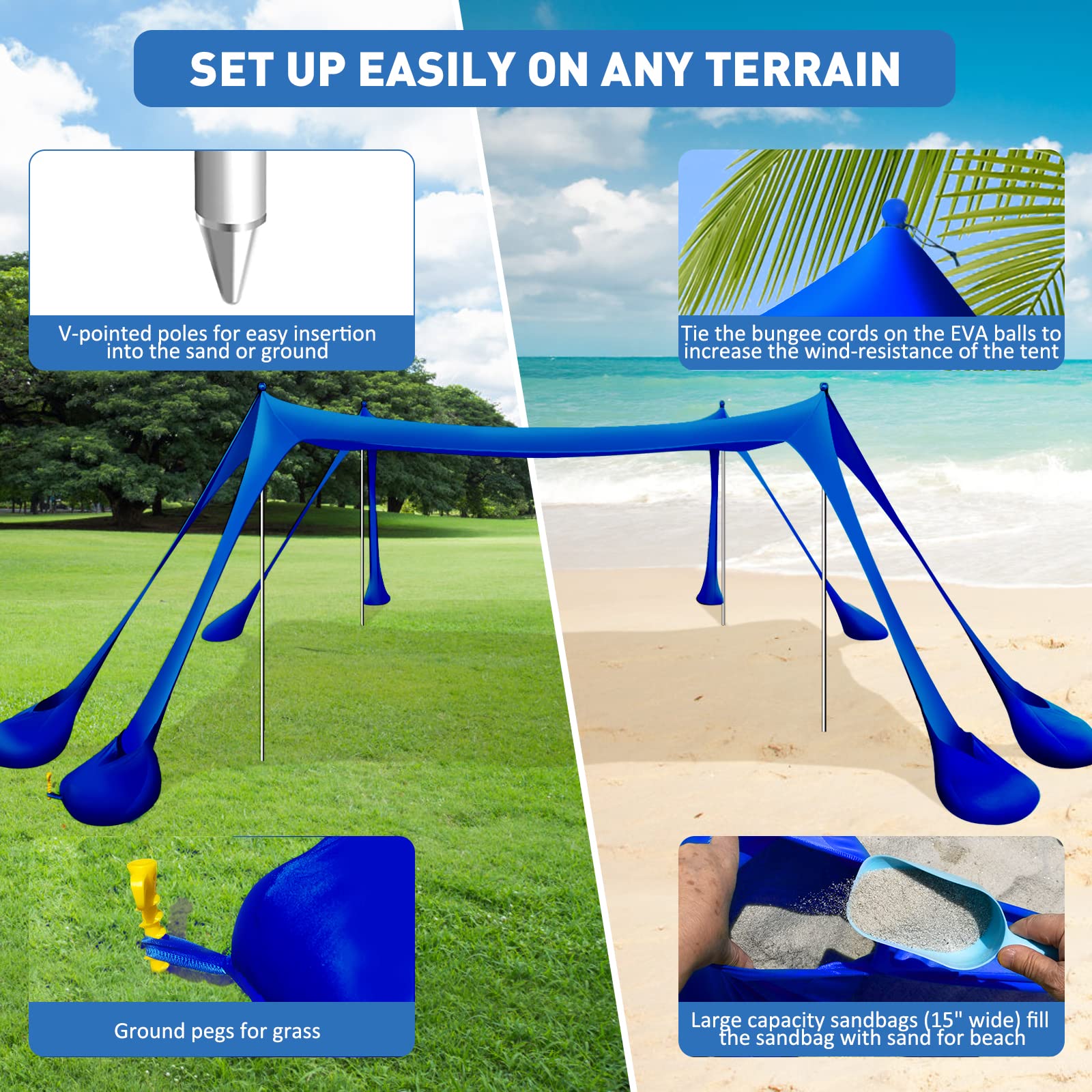 Wabolay Beach Tent Canopy Pop Up Shade 10x10ft Sun Shelter Portable Family UPF50+ with 8 Sandbags-2 Sand Shovel-4 Aluminum Poles-Ground Pegs-Carrying Bag for Outdoor Camping Fishing Backyard Picnic