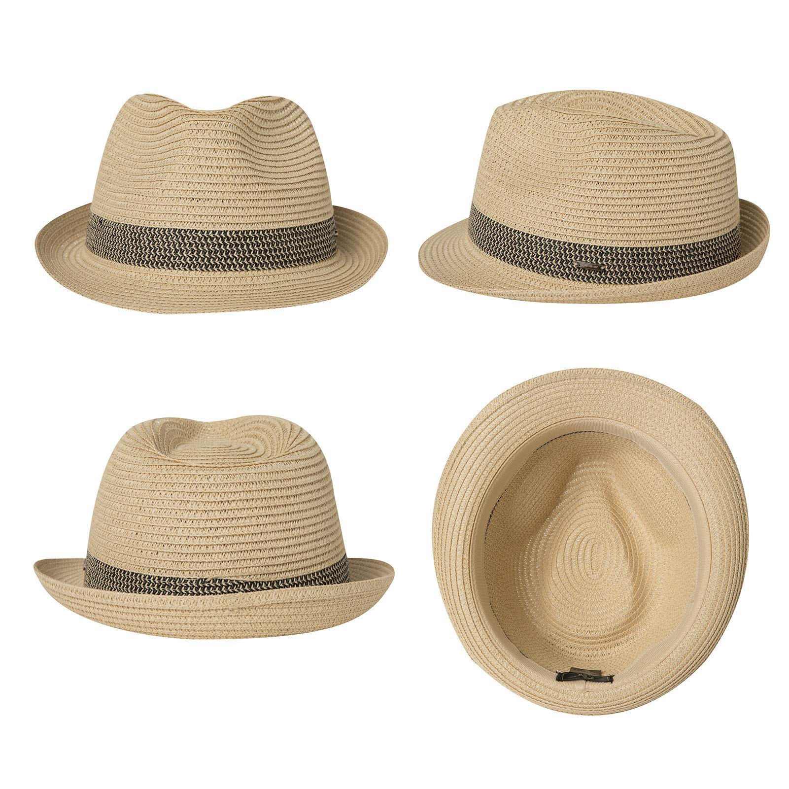 Fancet Packable Straw Fedora Panama Sun Summer Beach Hat Cuban Trilby Men Women 62-64cm Size 8 XX-Large Beige-Black