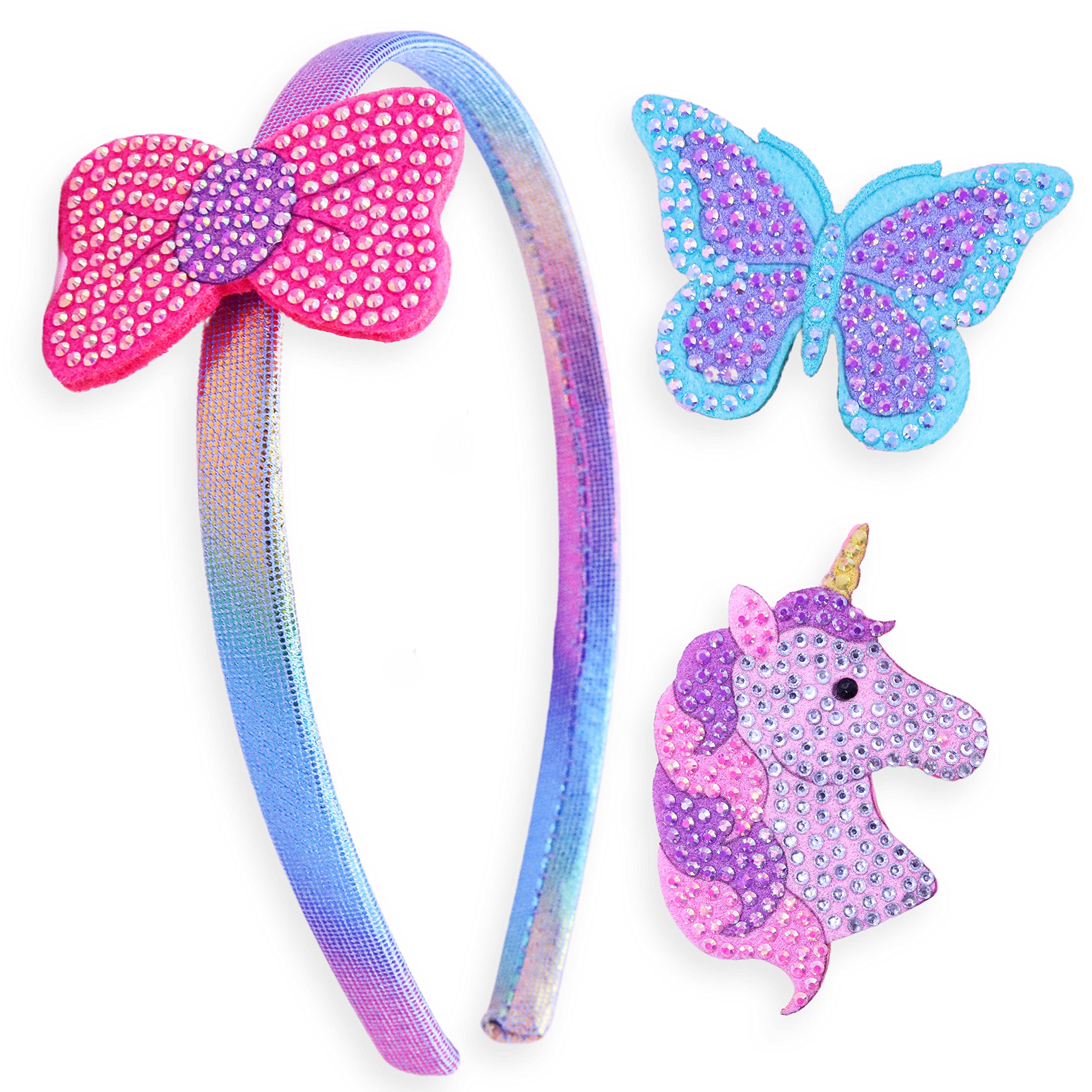 FROG SAC Interchangeable Charm Headbands for Girls, Butterfly Bow Unicorn Kids Headband, Sparkle Rhinestone Little Girl Hair Bands, Sparkly Toddler Hair Accessories for Children