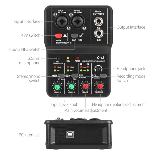 XTUGA USB Audio Interface for PC,Interface for Recording Music Computer Recording Audio Interface XLR with 3.55m Microphone Jack, USB Sound Card for Recording Studio, Ultra-low Latency Plug&Play, Q-12