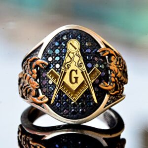 Handcrafted 925 Sterling Silver Men's Freemason Scorpion Ring with Black Agate Gemstone, Masonic Gold Plated King Signet Design, Unique Sterling Silver Ring