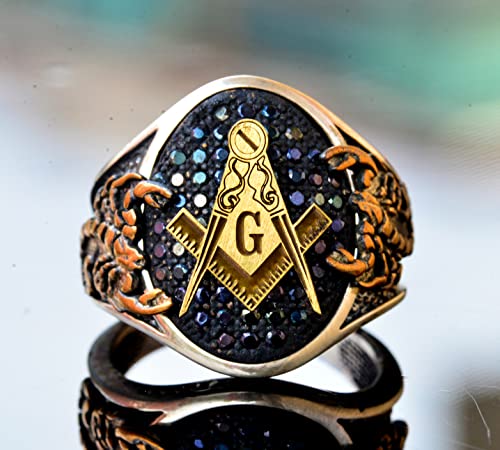 Handcrafted 925 Sterling Silver Men's Freemason Scorpion Ring with Black Agate Gemstone, Masonic Gold Plated King Signet Design, Unique Sterling Silver Ring