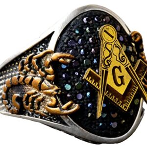 Handcrafted 925 Sterling Silver Men's Freemason Scorpion Ring with Black Agate Gemstone, Masonic Gold Plated King Signet Design, Unique Sterling Silver Ring