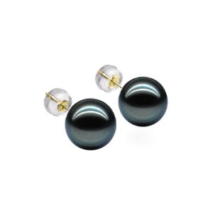 raivari 18k gold diamond 8-9mm tahitian black pearl stud earrings,5a quality round south sea cultured pearl drop earrings gifts for women