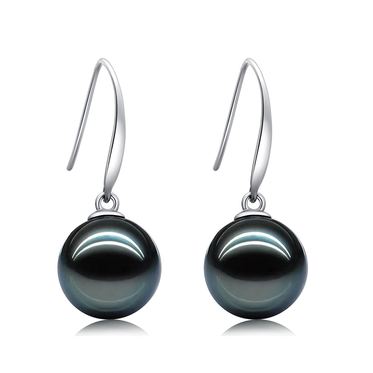 Raivari 18K Gold Diamond 9-10mm Tahitian Black Pearl Drop Dangle Earrings, 4A Quality Round South Sea Cultured Pearl Hook Earrings Gifts For Women