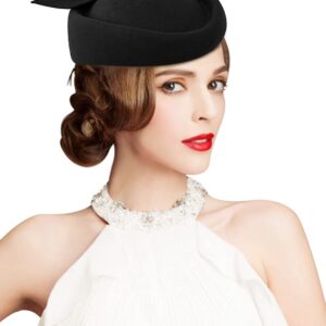 Z&X Wool Felt Fascinator Winter Women Elegant Pillbox Hat Bowknot Kentucky Derby Church Hat Retro Fedoras (032 Black), One Size