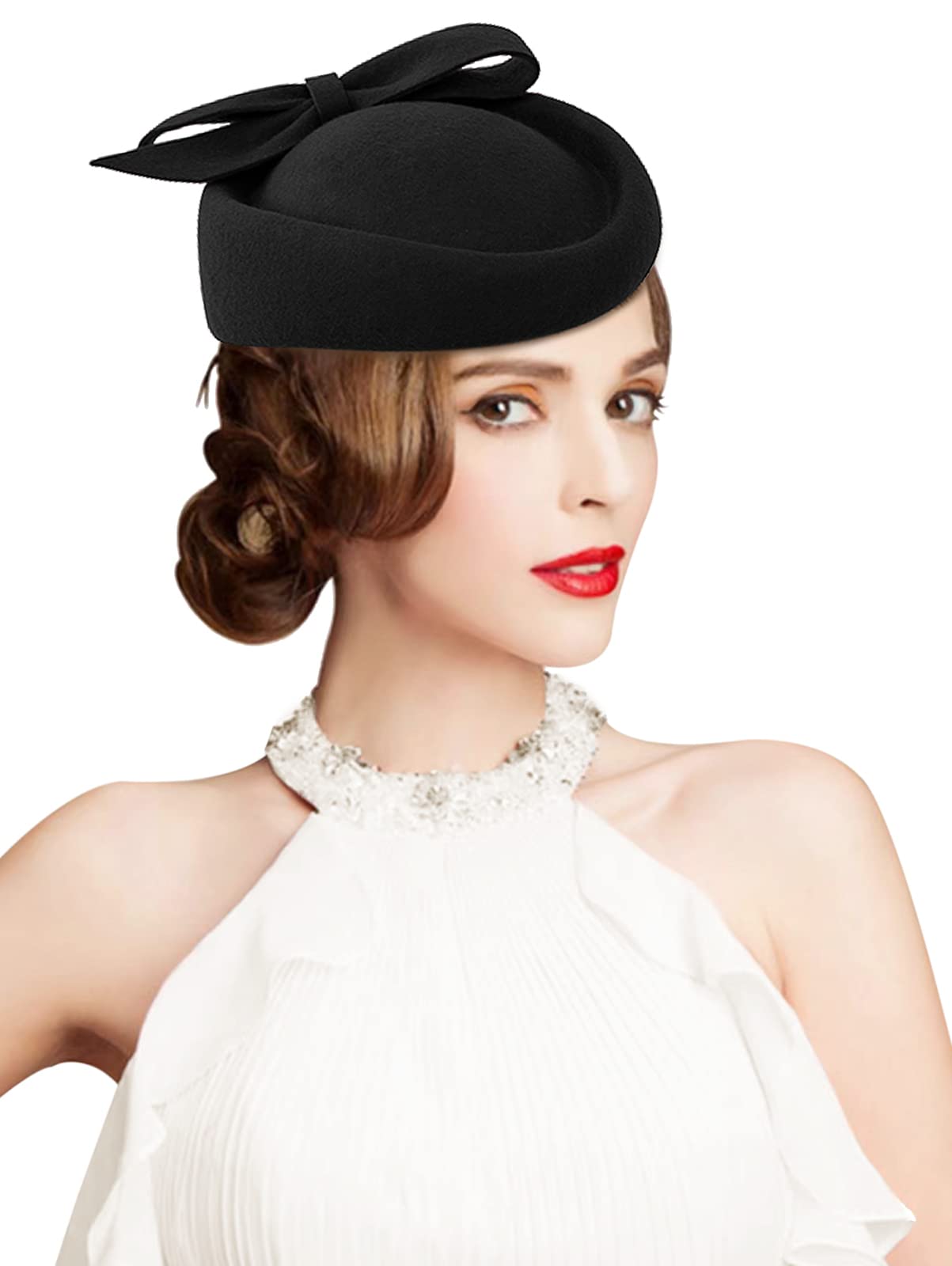 Z&X Wool Felt Fascinator Winter Women Elegant Pillbox Hat Bowknot Kentucky Derby Church Hat Retro Fedoras (032 Black), One Size