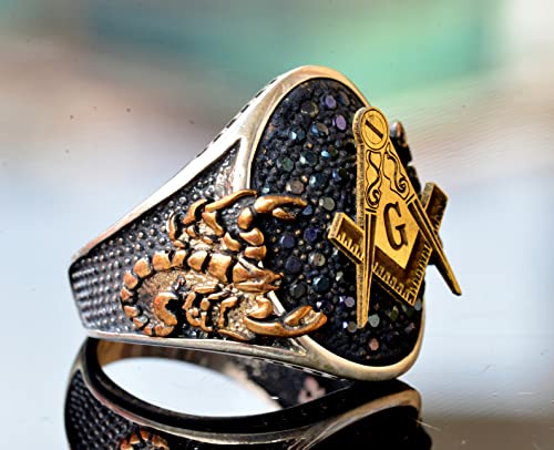 Handcrafted 925 Sterling Silver Men's Freemason Scorpion Ring with Black Agate Gemstone, Masonic Gold Plated King Signet Design, Unique Sterling Silver Ring