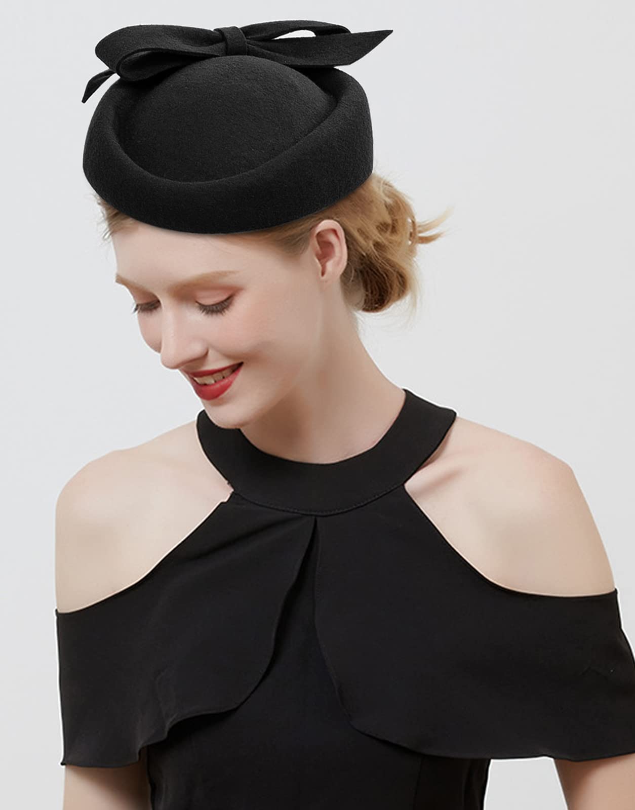 Z&X Wool Felt Fascinator Winter Women Elegant Pillbox Hat Bowknot Kentucky Derby Church Hat Retro Fedoras (032 Black), One Size