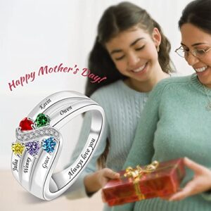 YITUB Personalized Mother Ring with 1/2/3/4/5/6 Birthstones Rings 925 Sterling Silver Mom Ring Custom Engraved Family Jewelry Gifts For Women Mother's Day (1 Stone) (Stone 6) (Stone 5)