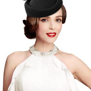 Z&X Wool Felt Fascinator Winter Women Elegant Pillbox Hat Bowknot Kentucky Derby Church Hat Retro Fedoras (032 Black), One Size