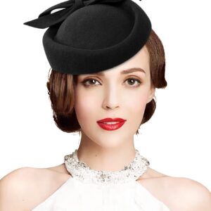 Z&X Wool Felt Fascinator Winter Women Elegant Pillbox Hat Bowknot Kentucky Derby Church Hat Retro Fedoras (032 Black), One Size