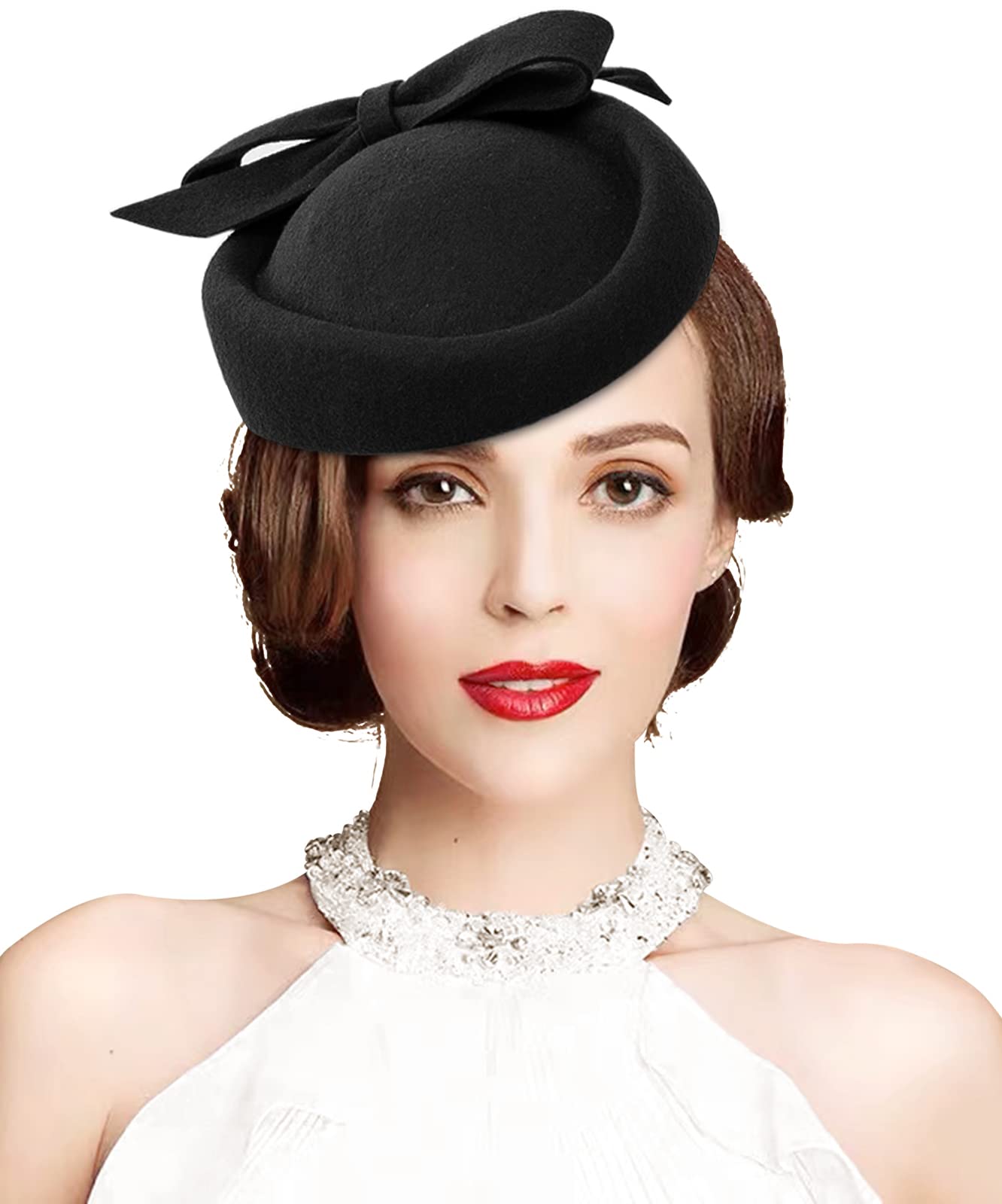 Z&X Wool Felt Fascinator Winter Women Elegant Pillbox Hat Bowknot Kentucky Derby Church Hat Retro Fedoras (032 Black), One Size