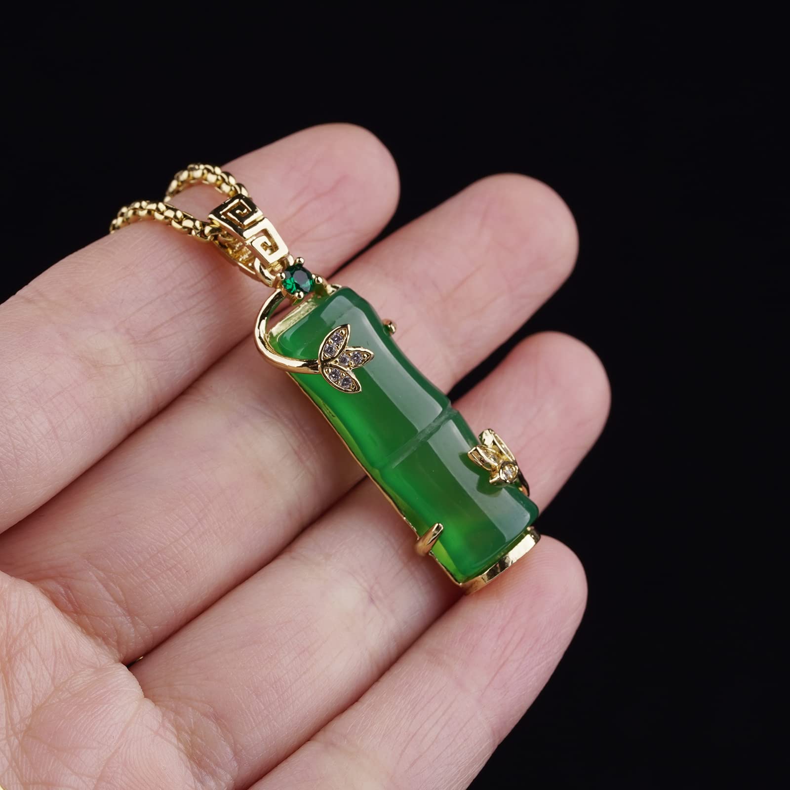 TIKCAUZ Bamboo Necklace Green Jade Lucky Bamboo Pendant with 18K Gold Plated Chain Buddha Necklace Jewelry for Women Men