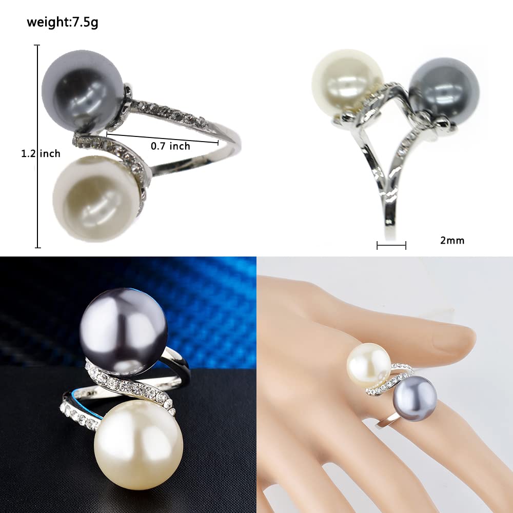 HSQYJ White Pearl Crystal Ring Elegant Rhinestone Cocktail Statement Rings Uniquely Stylish Fashion Creative Engagement Jewelry for Women Gold Plated