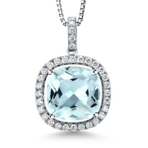 gem stone king 925 sterling silver 14mm cushion gemstone birthstone and white moissanite pendant necklace | halo necklace for women | with 18 inch chain