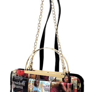 Magazine Cover Collage Round Top Handle Crossbody Bag Clutch Wallet (Grey/black)