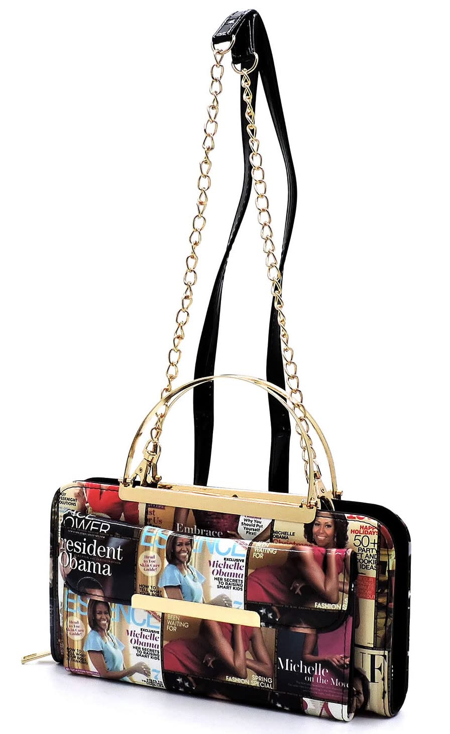 Magazine Cover Collage Round Top Handle Crossbody Bag Clutch Wallet (Grey/black)