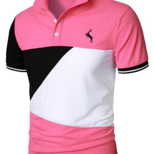 HOOD CREW Man’s Fashion Polo Shirts Short Sleeves Collared T shirt Color Block Sports Golf Polos Pink XL