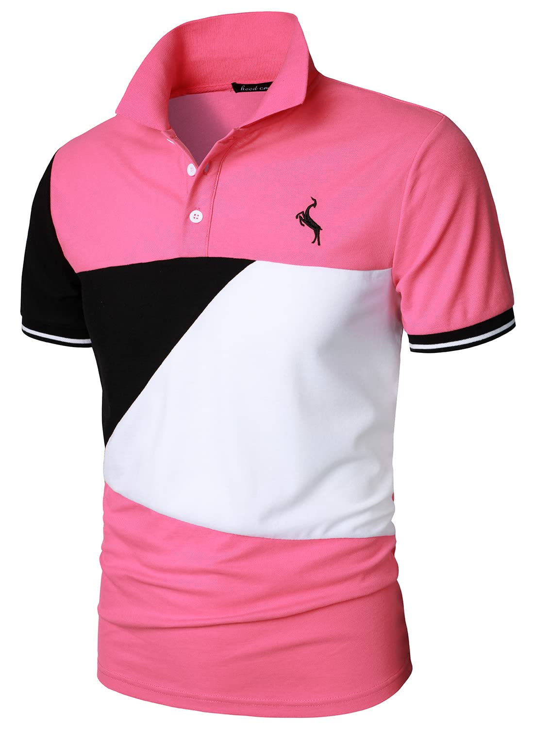 HOOD CREW Man’s Fashion Polo Shirts Short Sleeves Collared T shirt Color Block Sports Golf Polos Pink XL