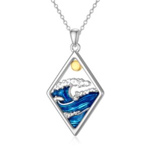 PELOVNY Christmas Gifts Ocean Wave Necklace 925 Sterling Silver Blue Beach Sea Pendant Necklace Wave Jewelry Gift for Women Mother Lover Girlfriend Daughter Sister