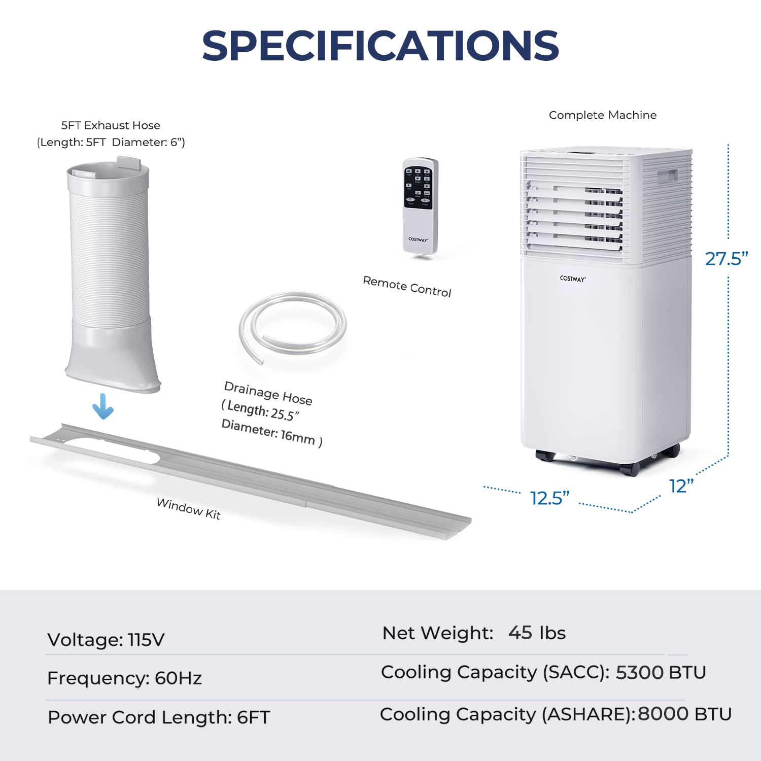 COSTWAY Portable Air Conditioner, 8000 BTU Ac Unit Spaces up to 230sq.ft, with Remote Control, 24H Timer & Window Venting Kit, Sleep Mode, Suitable for Bedroom, Living Room, Office (8000BTU, White)