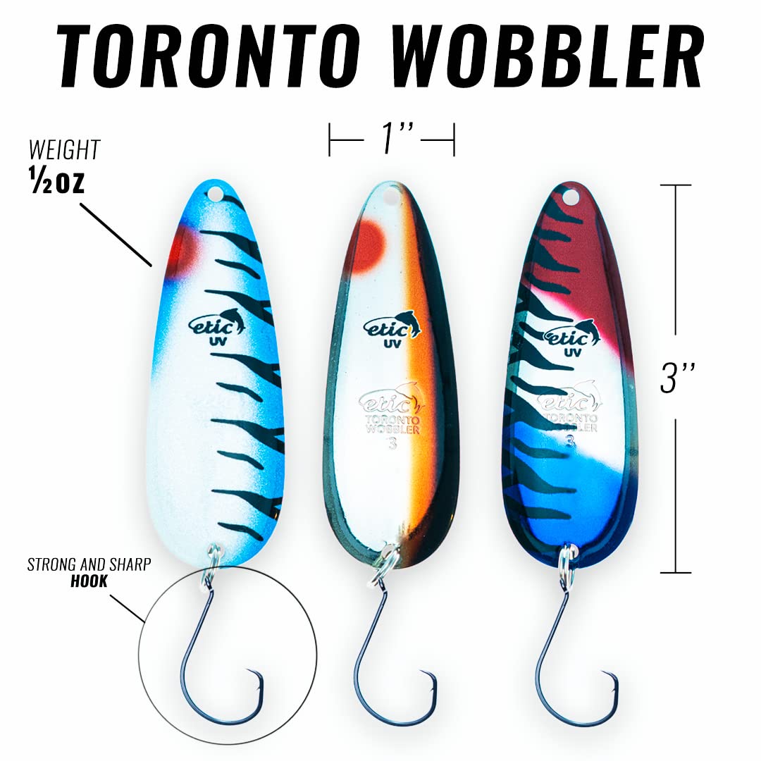 ETIC Toronto Wobbler 3", 1/2oz Fishing Spoons Kit 100% Made of Brass, 3 pcs Fishing Lures, Tackle, Hooks, Baits, Spinning, Casting, Trolling for Trout, Salmon, Pike, Walleye, Bass and Mores