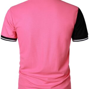 HOOD CREW Man’s Fashion Polo Shirts Short Sleeves Collared T shirt Color Block Sports Golf Polos Pink XL