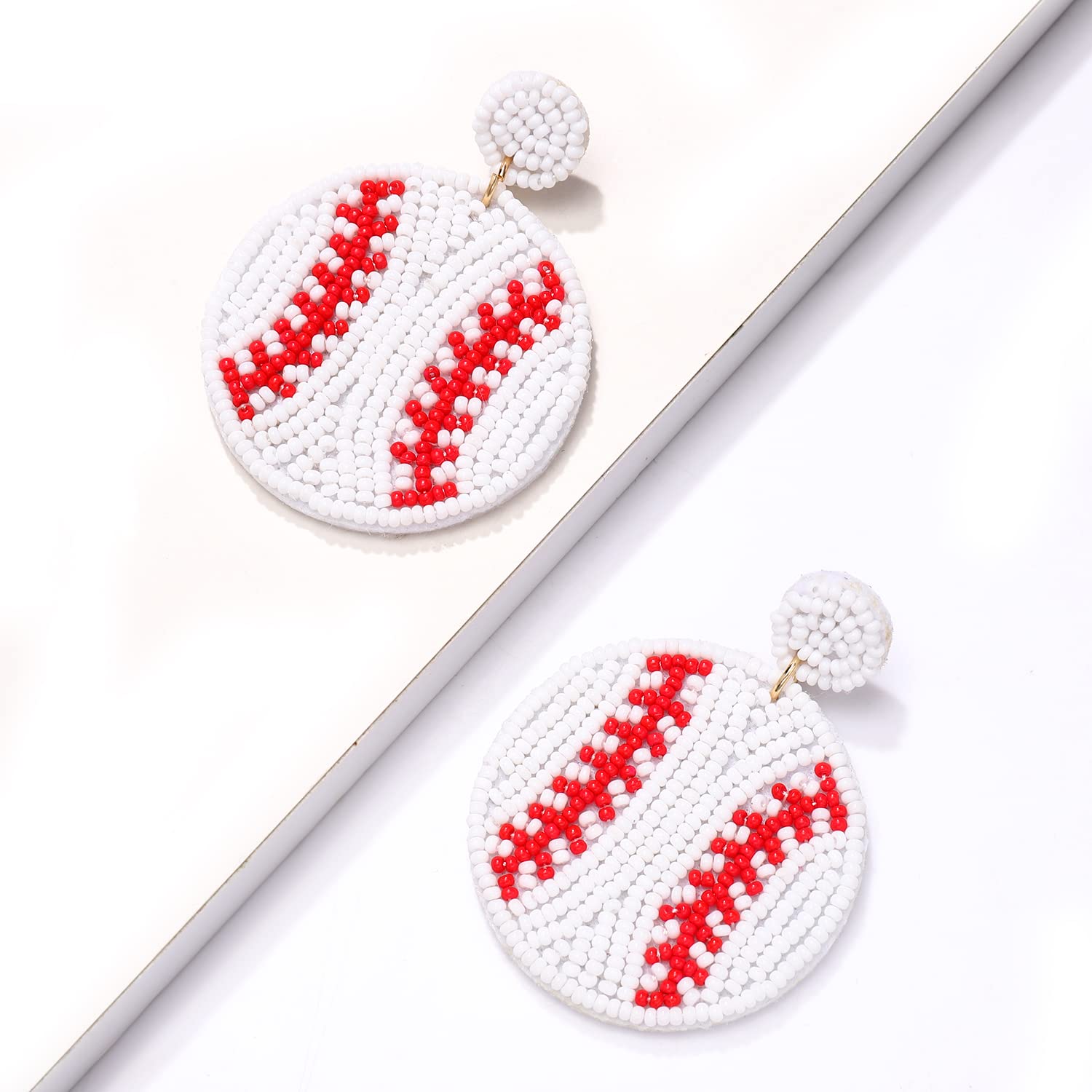 NVENF Beaded Baseball Earrings Sports Earrings for Women Handmade Bead Basketball Drop Dangle Earrings Holiday Party Game Jewelry Gifts (White Baseball 2)