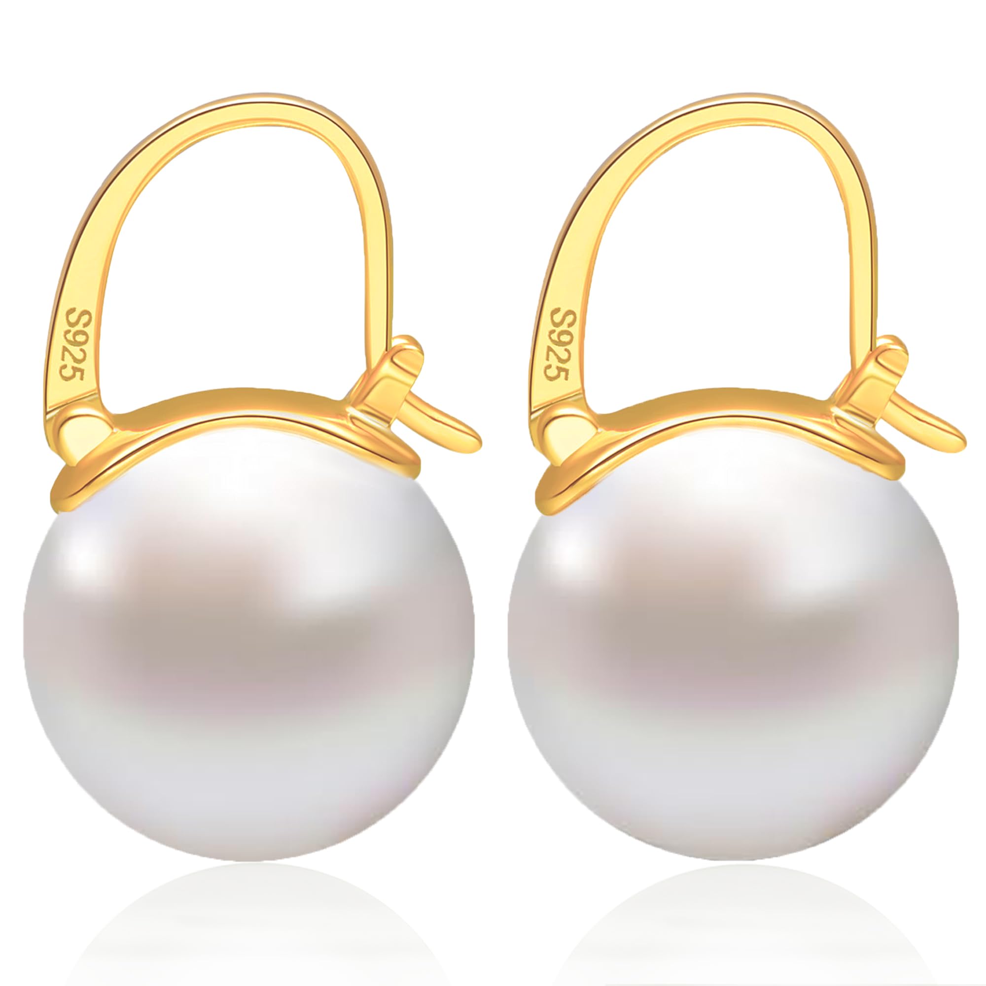 HUGE TOMATO Pearl Earrings for Women Trendy, 14mm 925 Sterling Silver Pearl Drop Earrings Fashion, 14K Gold Plated Hypoallergenic Large White Shell Pearl Hoop Earring Dangle Jewelry for Wedding Gift