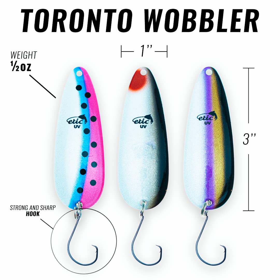 ETIC Toronto Wobbler 3", 1/2oz Fishing Spoons Kit 100% Made of Brass, 3 pcs Fishing Lures, Tackle, Hooks, Baits, Spinning, Casting, Trolling for Trout, Salmon, Pike, Walleye, Bass and Mores