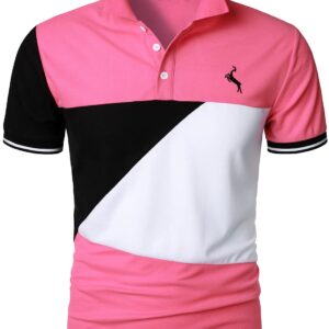 HOOD CREW Man’s Fashion Polo Shirts Short Sleeves Collared T shirt Color Block Sports Golf Polos Pink XL