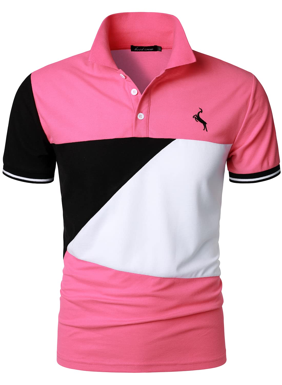 HOOD CREW Man’s Fashion Polo Shirts Short Sleeves Collared T shirt Color Block Sports Golf Polos Pink XL