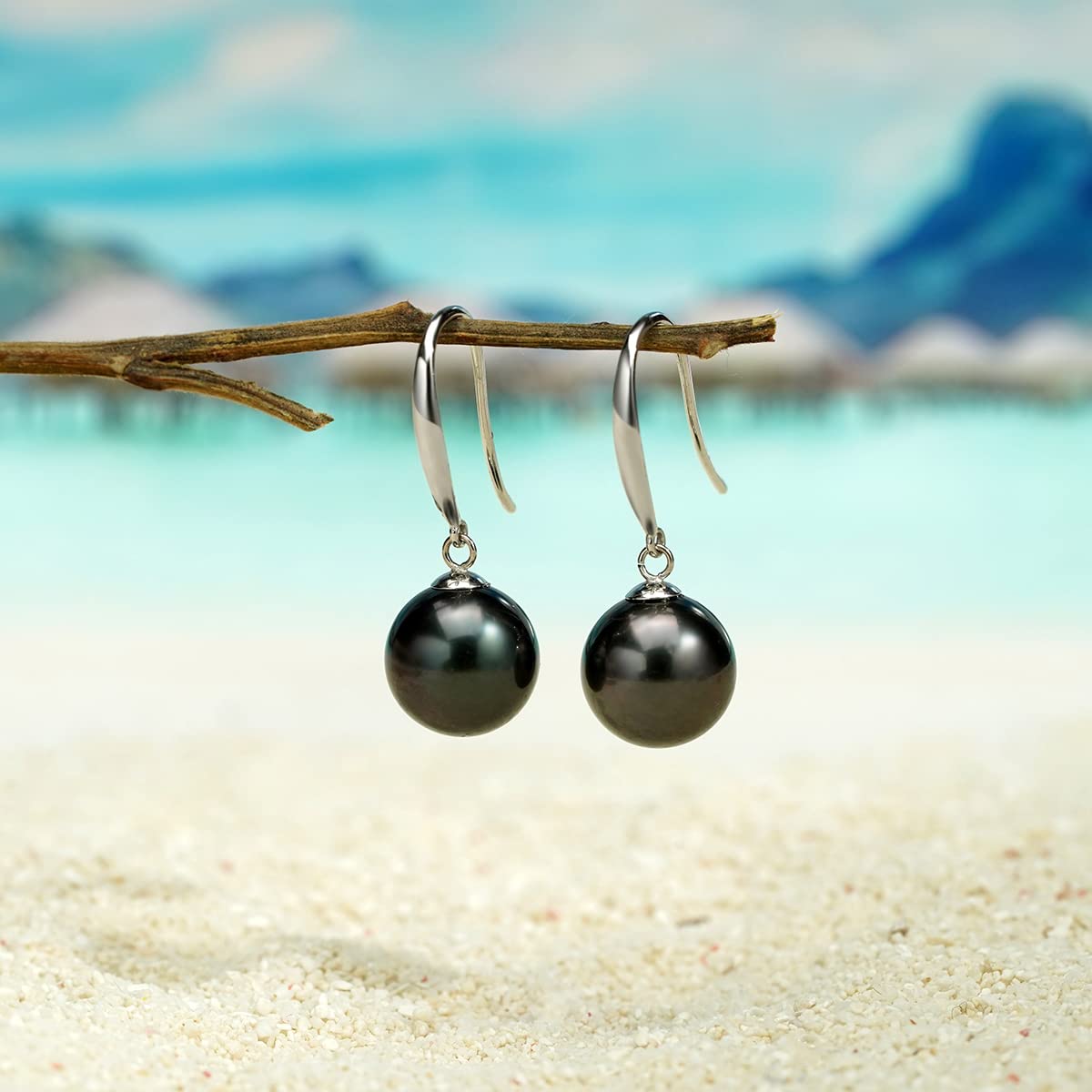 Raivari 18K Gold Diamond 9-10mm Tahitian Black Pearl Drop Dangle Earrings, 4A Quality Round South Sea Cultured Pearl Hook Earrings Gifts For Women