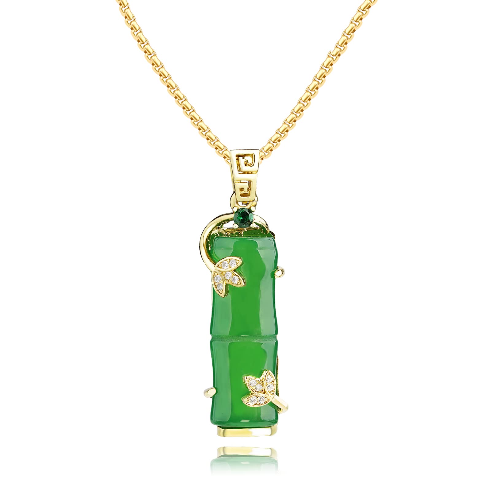 TIKCAUZ Bamboo Necklace Green Jade Lucky Bamboo Pendant with 18K Gold Plated Chain Buddha Necklace Jewelry for Women Men