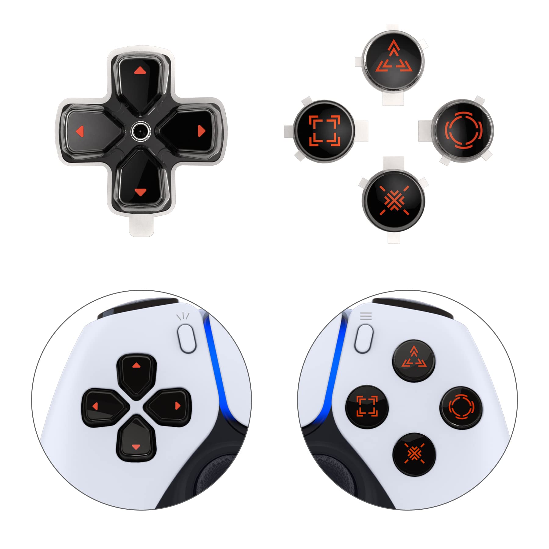 eXtremeRate Replacement Custom Dpad Action Buttons Three-Tone Black & Clear with Orange Redesigned Symbols D-pad Face Buttons Compatible with ps5 Controller