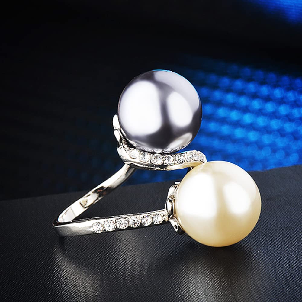 HSQYJ White Pearl Crystal Ring Elegant Rhinestone Cocktail Statement Rings Uniquely Stylish Fashion Creative Engagement Jewelry for Women Gold Plated