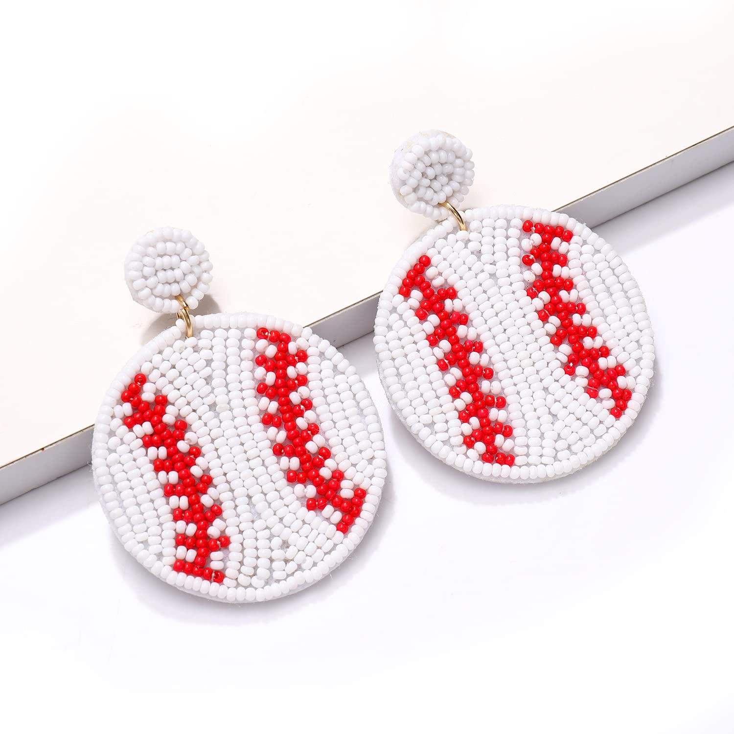 NVENF Beaded Baseball Earrings Sports Earrings for Women Handmade Bead Basketball Drop Dangle Earrings Holiday Party Game Jewelry Gifts (White Baseball 2)