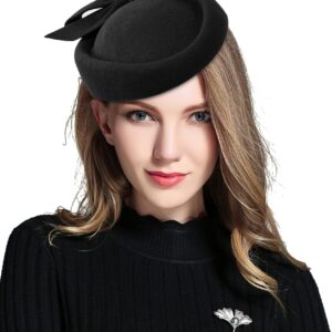 Z&X Wool Felt Fascinator Winter Women Elegant Pillbox Hat Bowknot Kentucky Derby Church Hat Retro Fedoras (032 Black), One Size