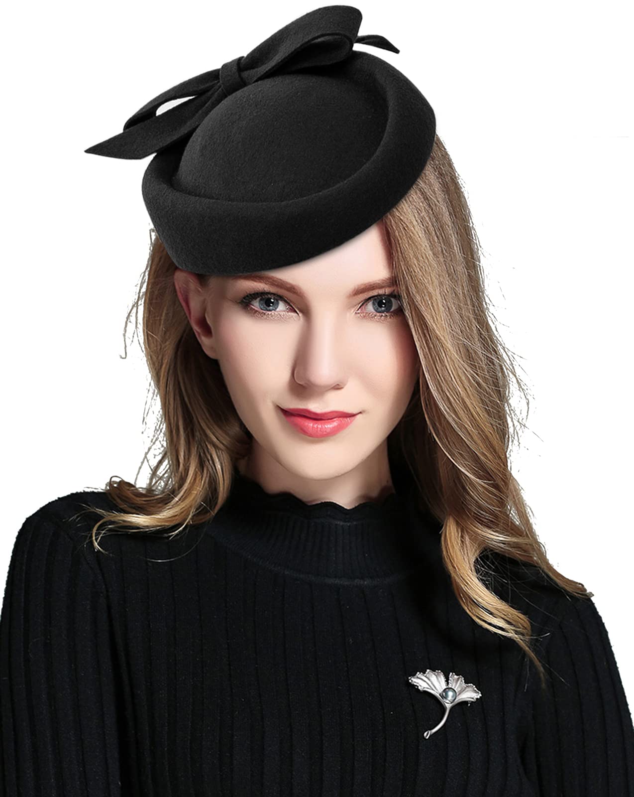 Z&X Wool Felt Fascinator Winter Women Elegant Pillbox Hat Bowknot Kentucky Derby Church Hat Retro Fedoras (032 Black), One Size