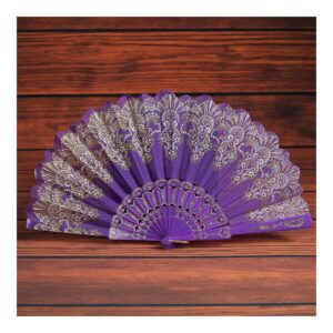 handmade folding fan chinese vintage bamboo folding fan hand held flower print fan dance party pocket gifts 7 colors handheld fan (color : purple)