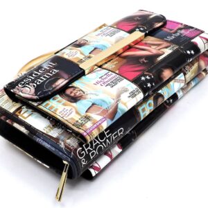 Magazine Cover Collage Round Top Handle Crossbody Bag Clutch Wallet (Grey/black)