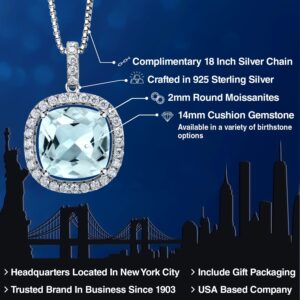 Gem Stone King 925 Sterling Silver 14MM Cushion Gemstone Birthstone and White Moissanite Pendant Necklace | Halo Necklace for Women | With 18 Inch Chain