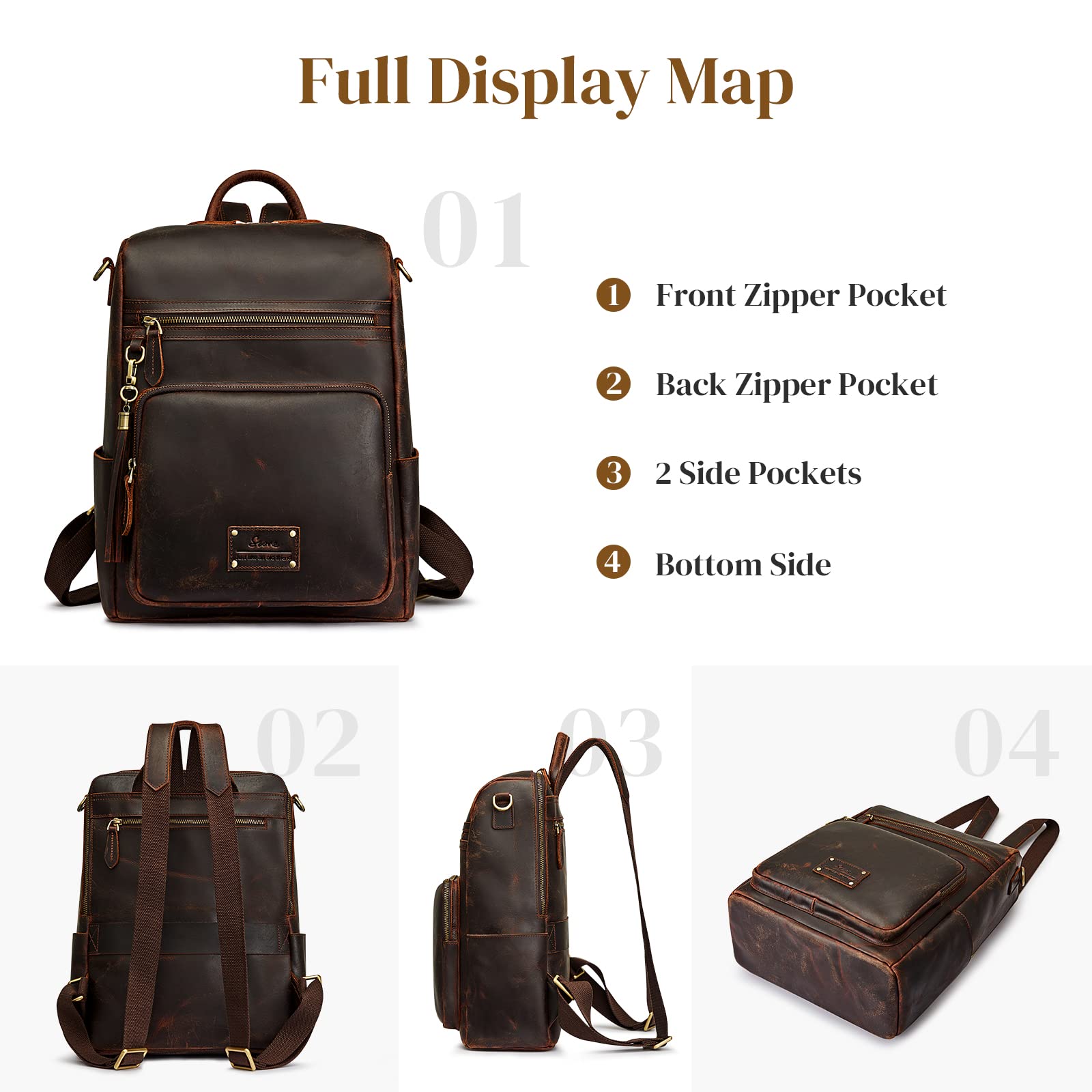 S-ZONE Genuine Leather Women Backpack Purse Vintage Fashion Shoulder Bag Travel Rucksack Daypack with Tassel Luggage Sleeve Dark Brown