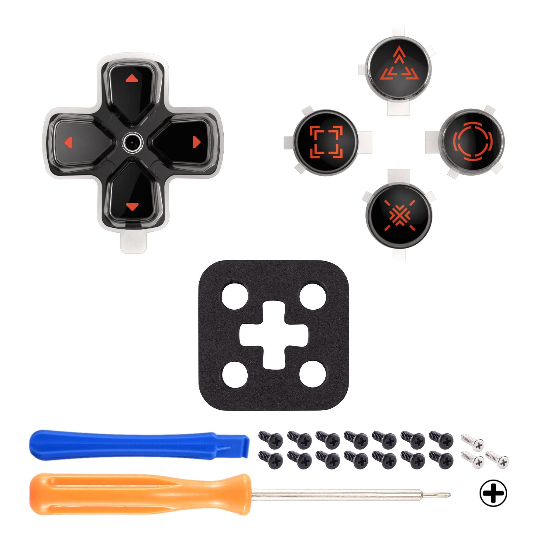 eXtremeRate Replacement Custom Dpad Action Buttons Three-Tone Black & Clear with Orange Redesigned Symbols D-pad Face Buttons Compatible with ps5 Controller