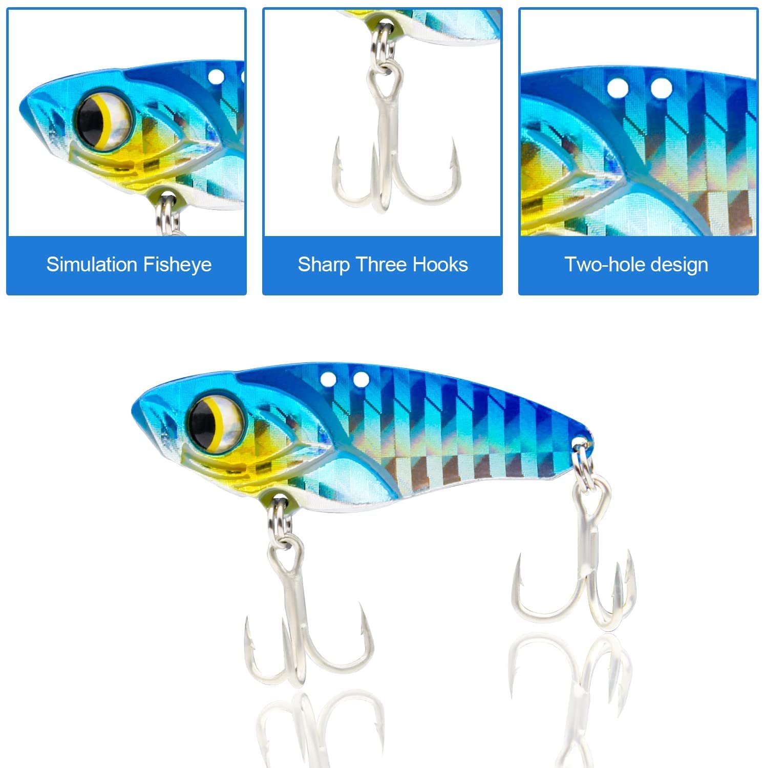 BitHeng Fishing Lures, Fishing Spoon Tackle LuresHard Metal VIB Jigging with Treble Hooks for Bass Trout Crappie Perch Freshwater Saltwater (10Pcs) Random Color, Mixed Color