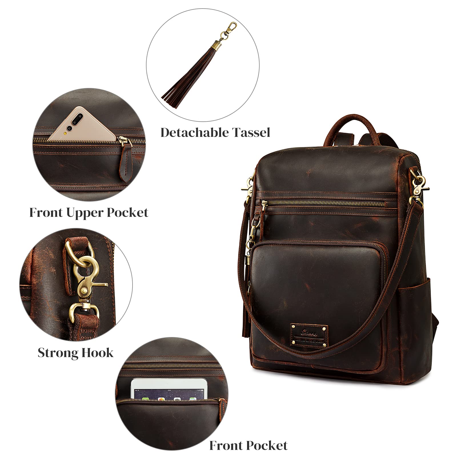 S-ZONE Genuine Leather Women Backpack Purse Vintage Fashion Shoulder Bag Travel Rucksack Daypack with Tassel Luggage Sleeve Dark Brown